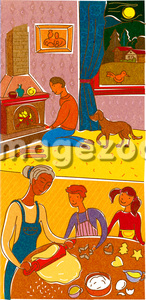 A family making cookies and relaxing next to the fireplace